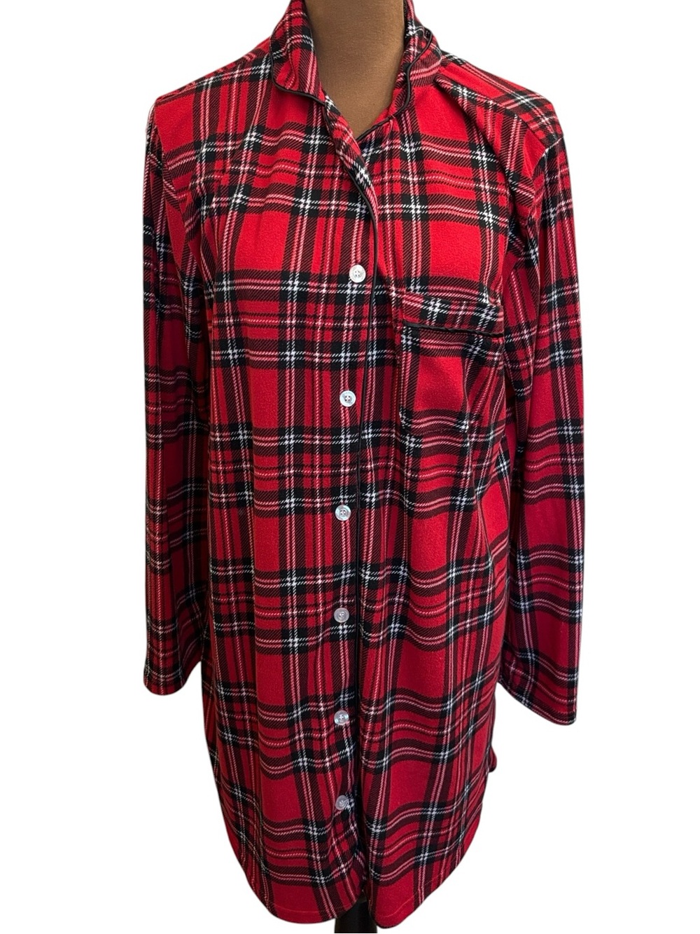 Laura Ashley Vintage Red Black Plaid Long Sleeve Cozy Night Shirt Pajama Size M